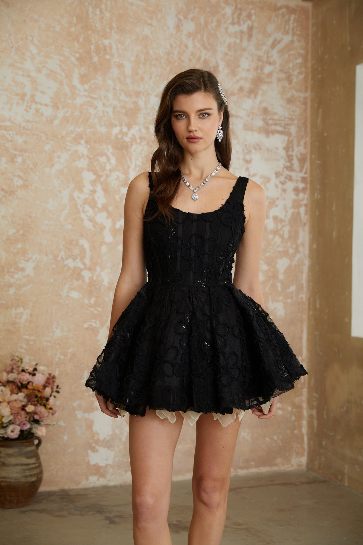Aurohaya Patrycja Black Floral Embroidered Mini Dress