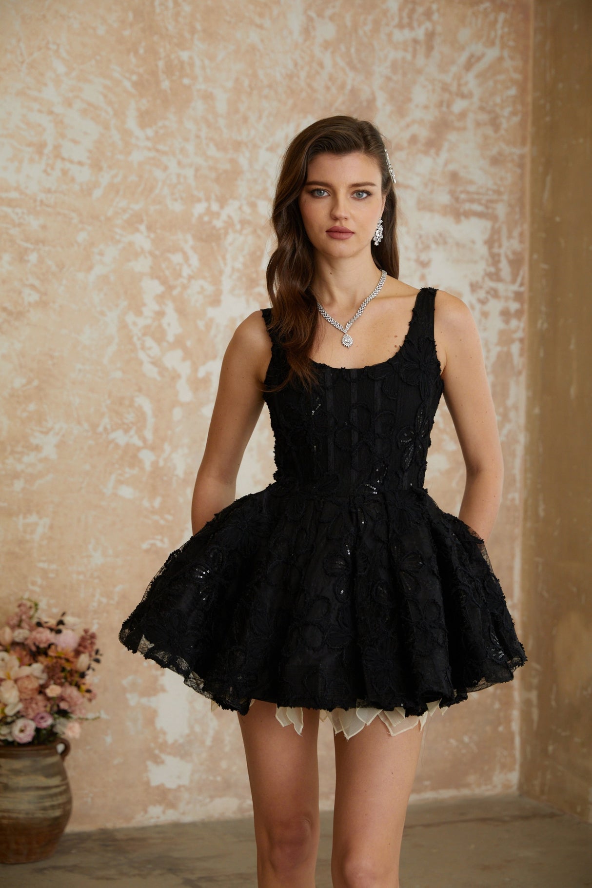 Aurohaya Patrycja Black Floral Embroidered Mini Dress
