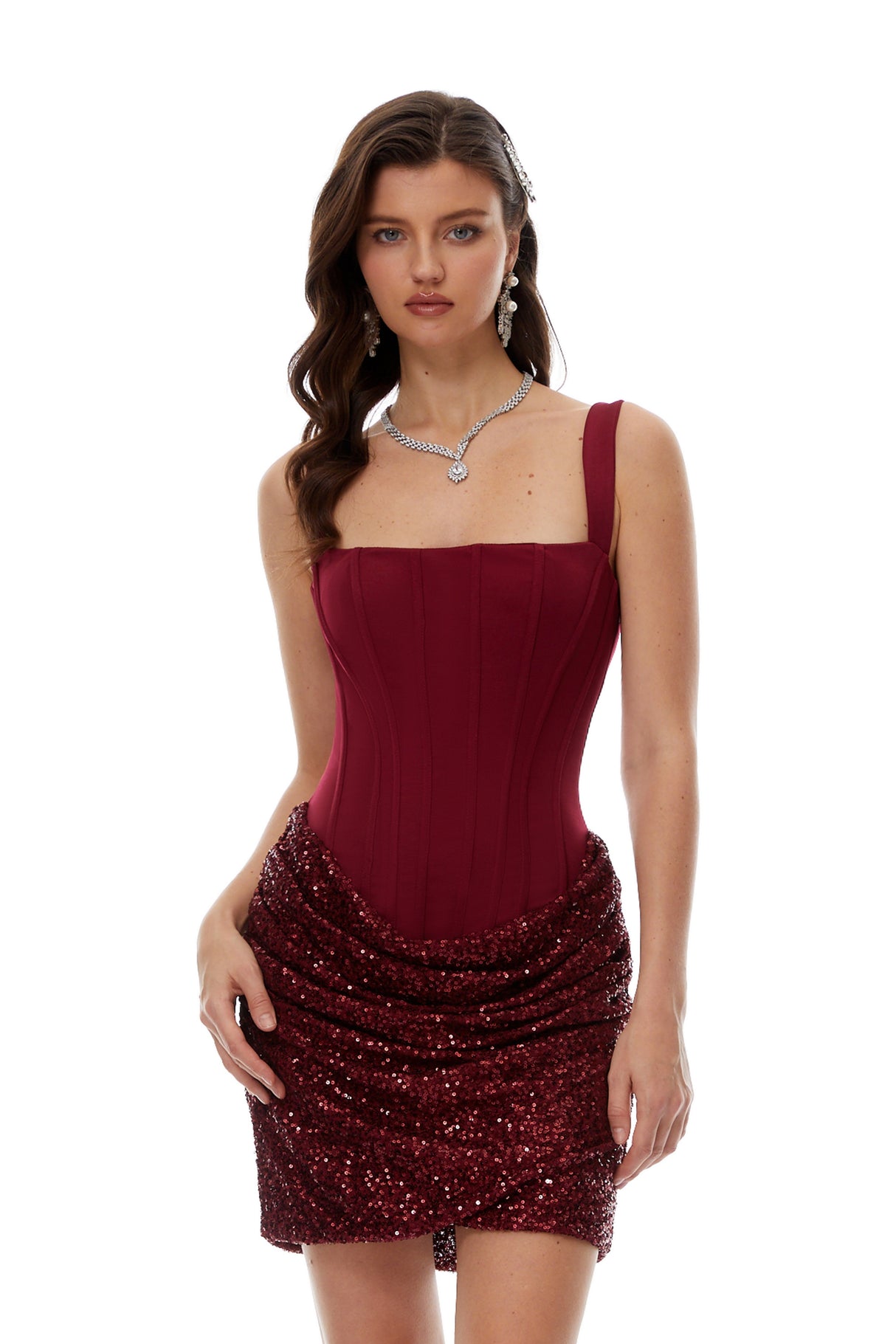 Aurohaya Paulette Red Embellished Ruched Bodycon Mini Dress