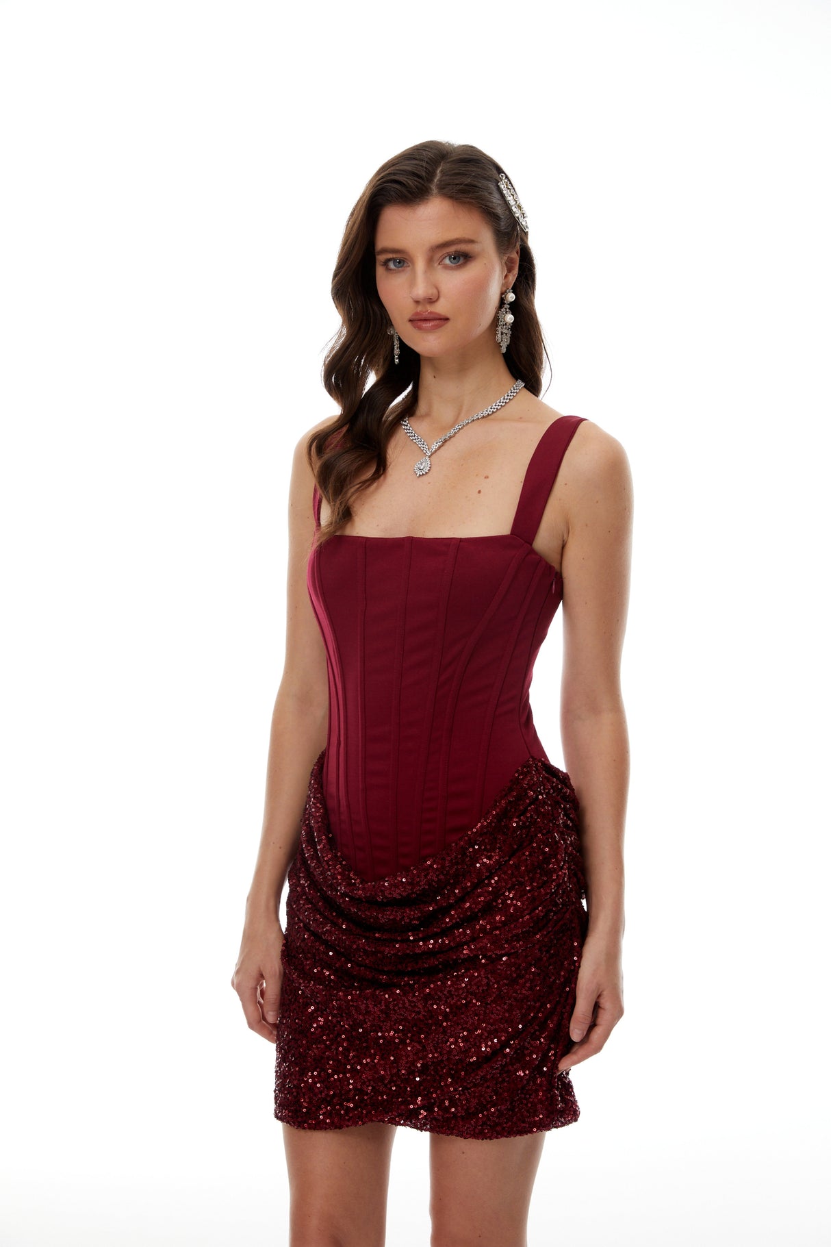 Aurohaya Paulette Red Embellished Ruched Bodycon Mini Dress