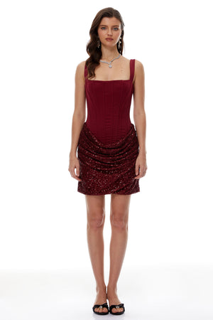 Aurohaya Paulette Red Embellished Ruched Bodycon Mini Dress