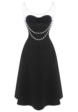 Pearl Detail Strapless A Line Midi Dress Black
