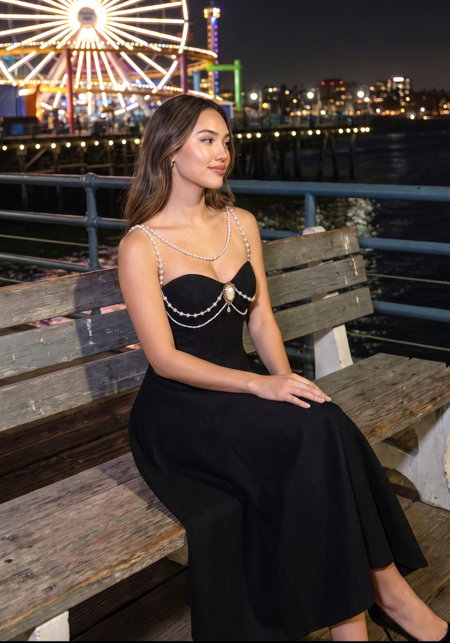 Pearl Detail Strapless A Line Midi Dress Black