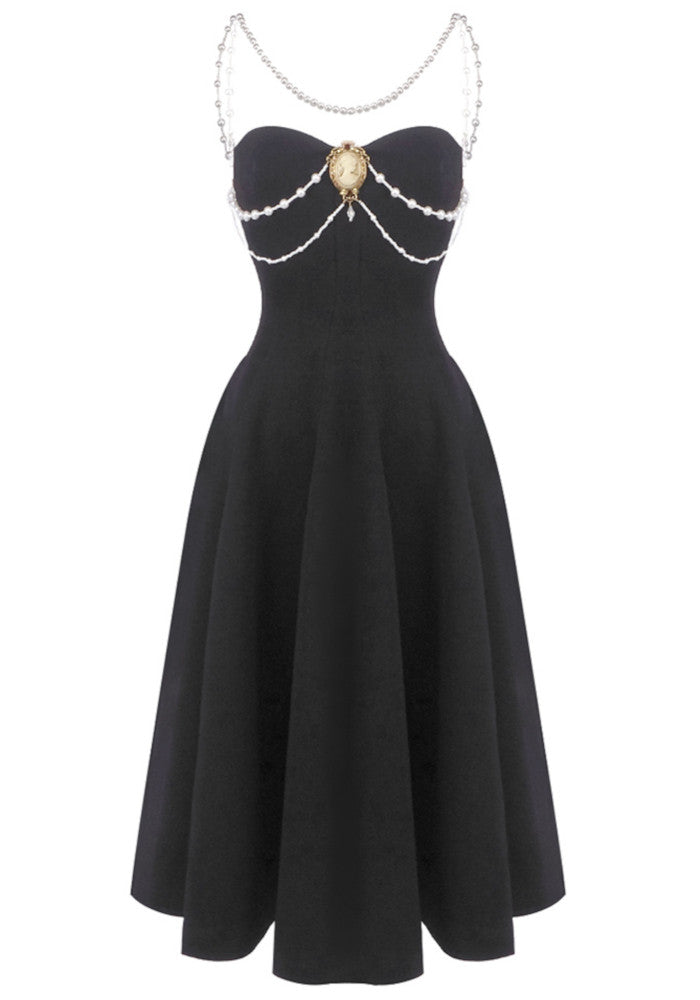 Pearl Detail Strapless A Line Midi Dress Black