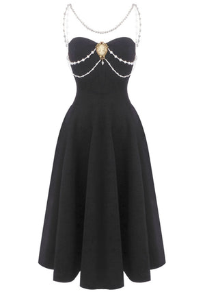 Pearl Detail Strapless A Line Midi Dress Black