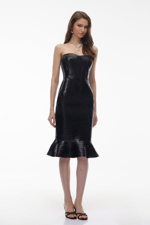 Aurohaya Penina Black Off Shoulder Croc-embossed Midi Dress