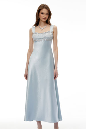 Aurohaya Perrine Cobalt Blue Embellished Satin Midi Dress