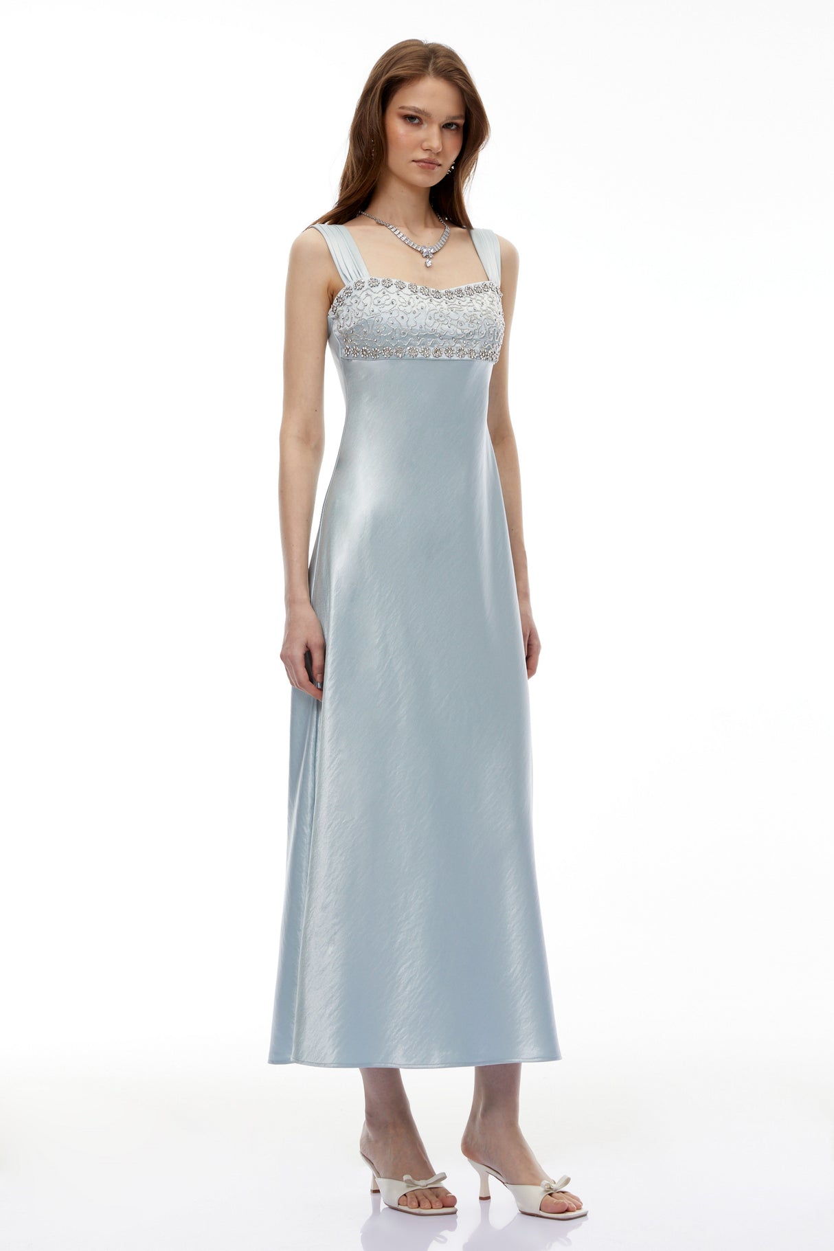 Aurohaya Perrine Cobalt Blue Embellished Satin Midi Dress