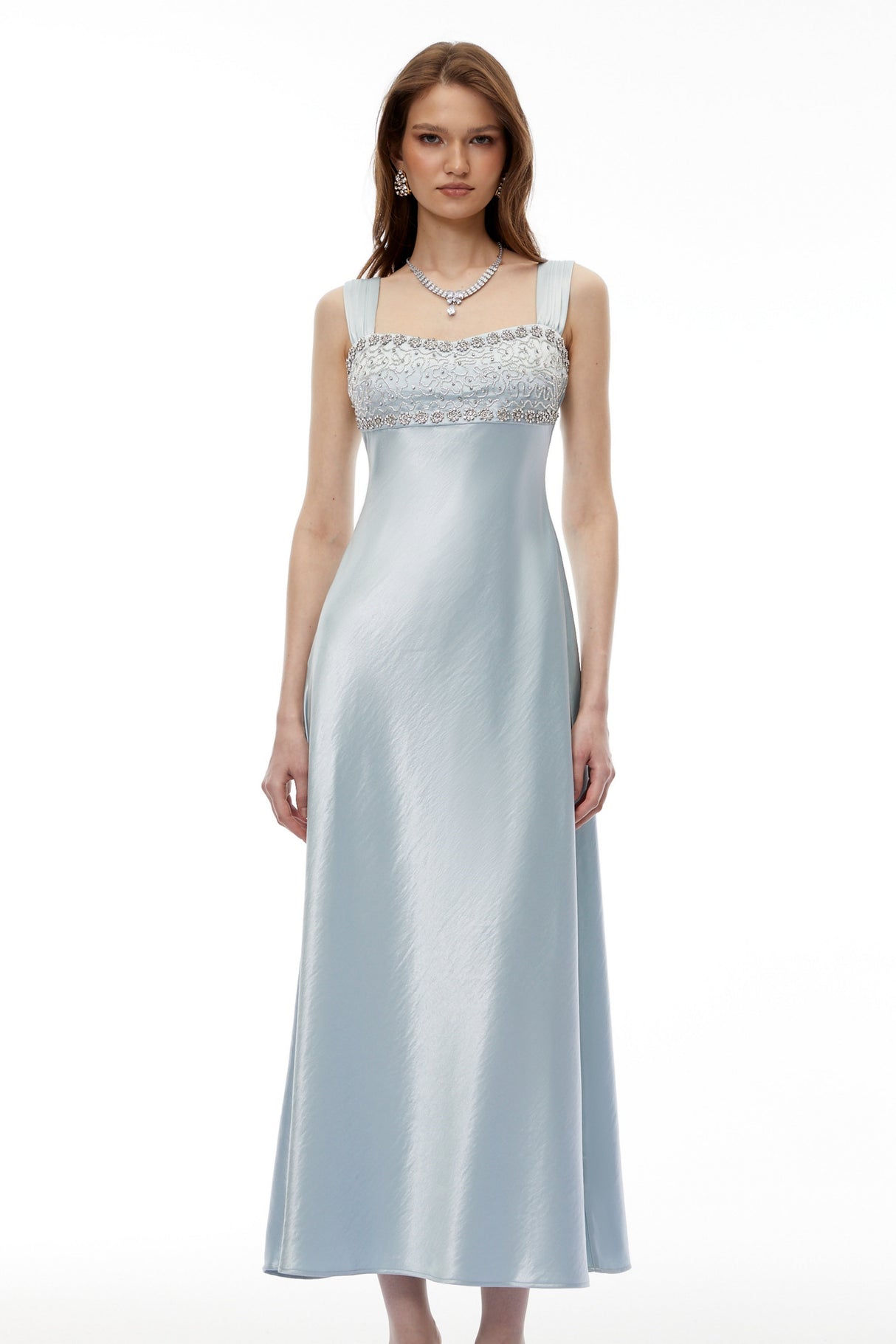 Aurohaya Perrine Cobalt Blue Embellished Satin Midi Dress