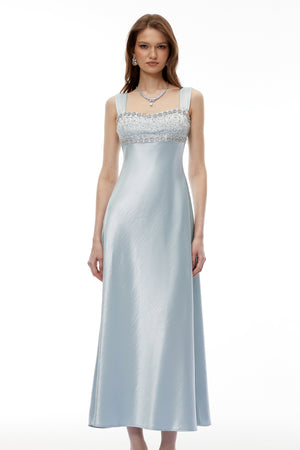Aurohaya Perrine Cobalt Blue Embellished Satin Midi Dress
