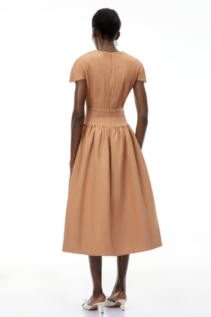 Aurohaya Phoebe Khaki Pleated Midi Dress with V-Neck