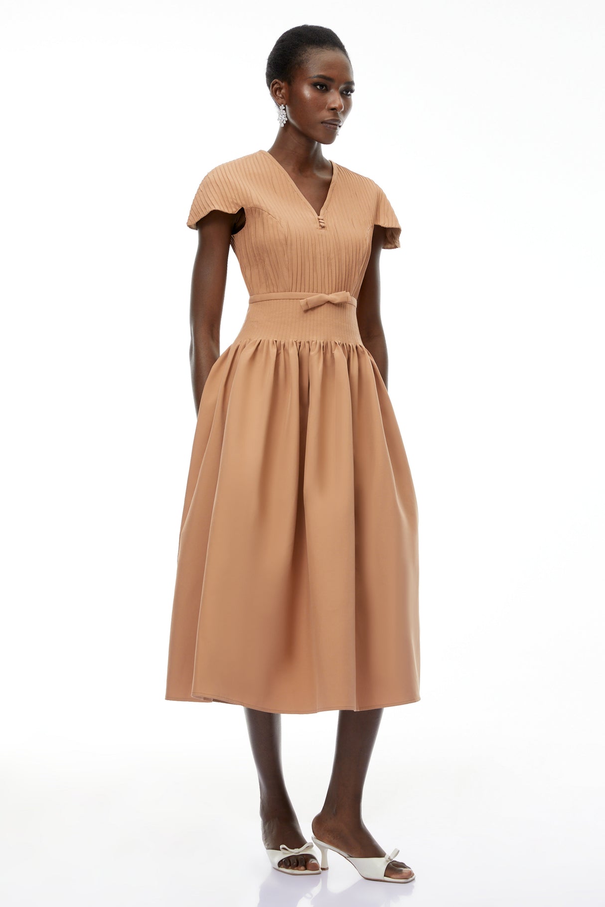 Aurohaya Phoebe Khaki Pleated Midi Dress with V-Neck