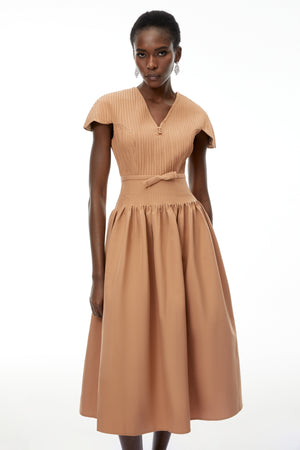 Aurohaya Phoebe Khaki Pleated Midi Dress with V-Neck