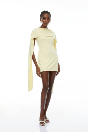 Aurohaya Piroska Yellow Sleeveless Pearl Trim Mini Dress