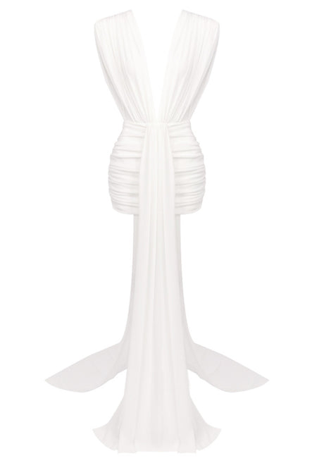 Plunge V Neck Draped Dress White