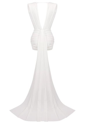 Plunge V Neck Draped Dress White