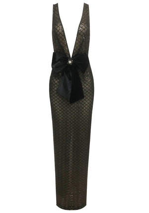 Sequin Bow Plunging Neck Maxi Dress Black