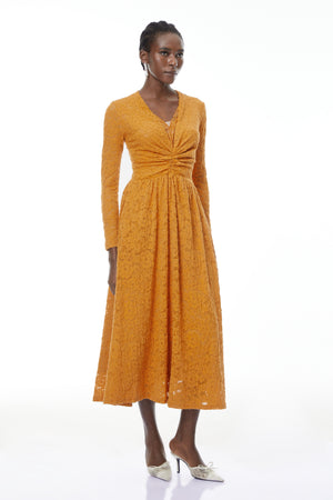Aurohaya Posie Yellow Floral Lace Ruched Maxi Dress