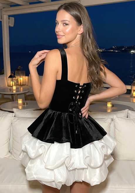 Puff Corset Velvet Dress Black White