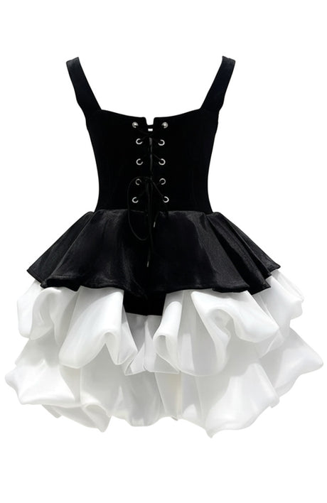 Puff Corset Velvet Dress Black White