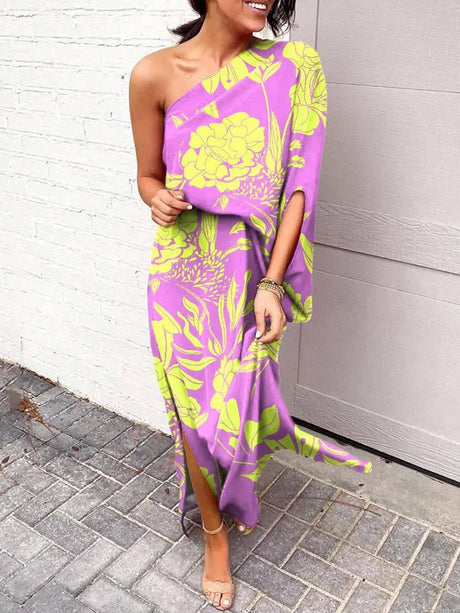Aurohaya Exquisite Rose Print One Shoulder Slit Maxi Dress Purple