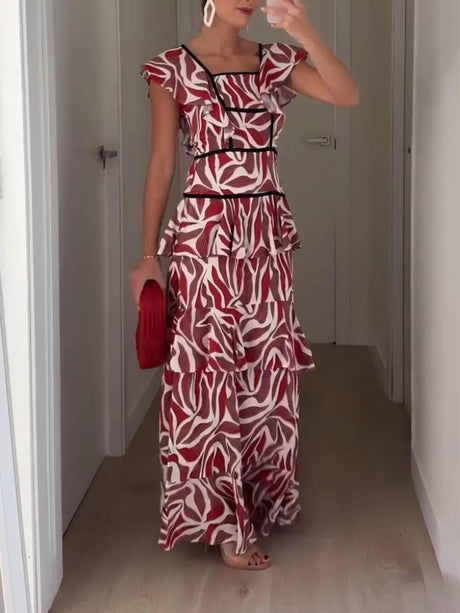 Aurohaya Retro Unique Layered Print Contrast Ruffle Trim Maxi Dress Red