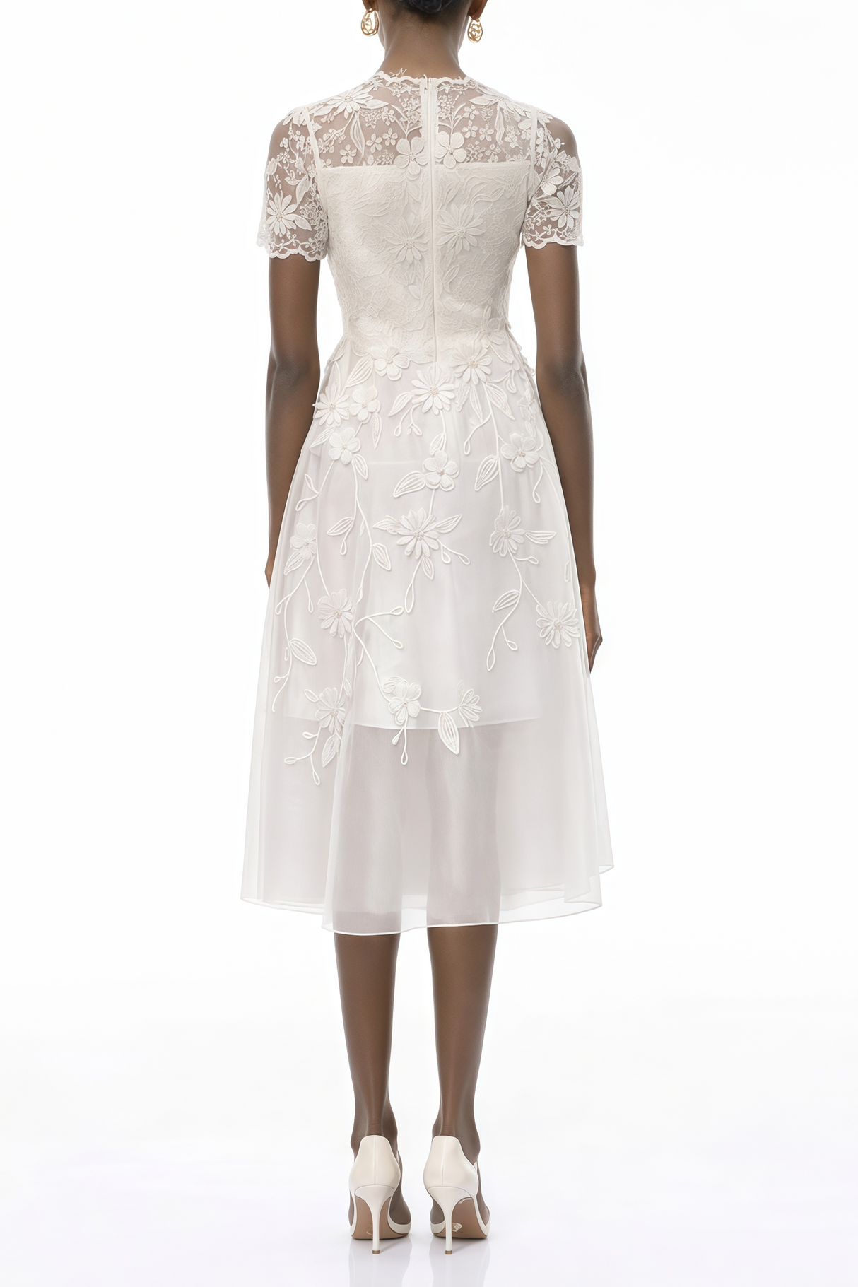 Aurohaya Quetz White Midi Dress with 3D Petals