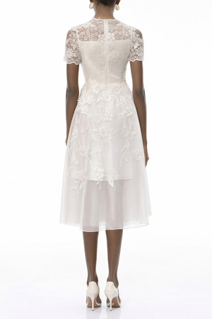 Aurohaya Quetz White Midi Dress with 3D Petals
