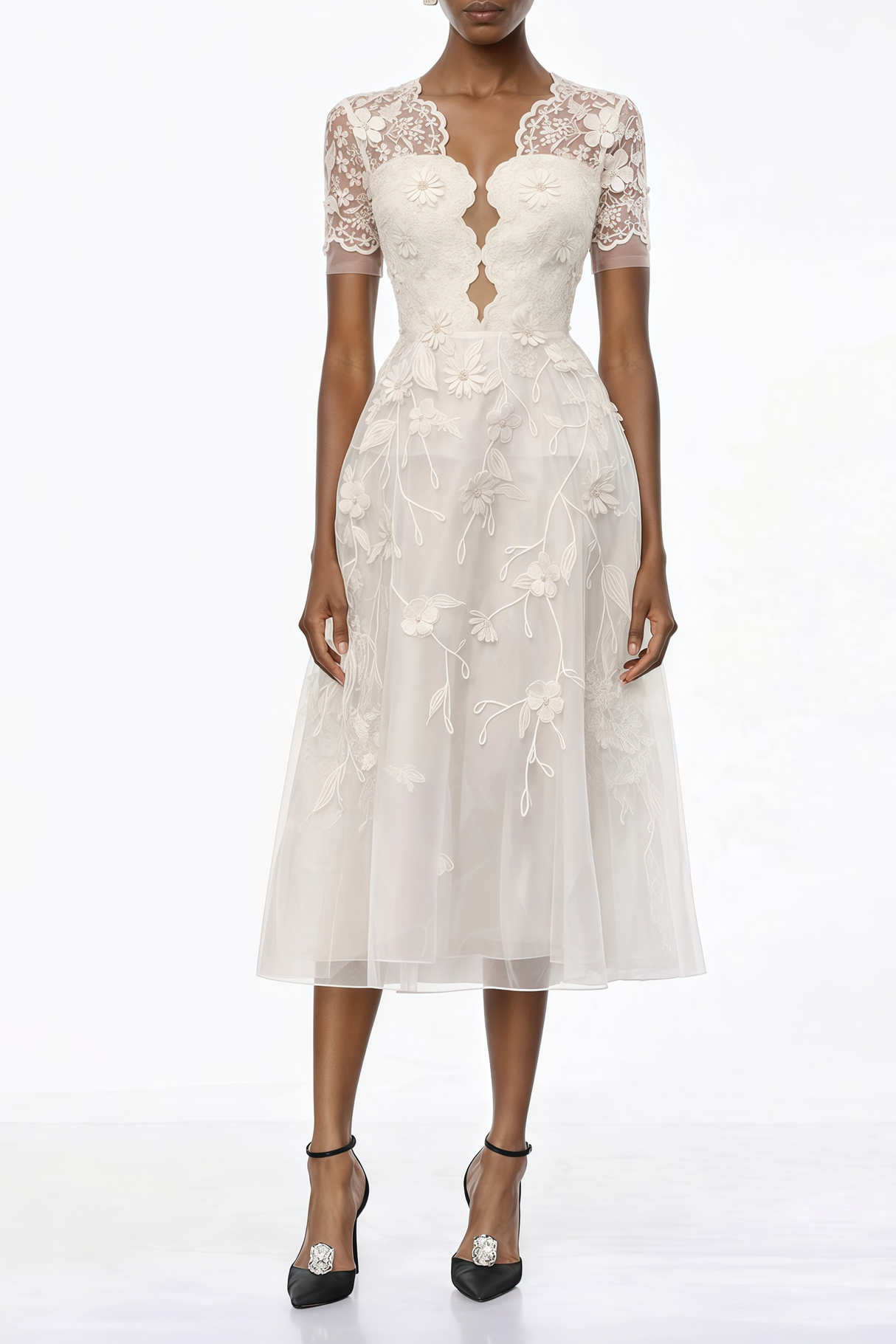 Aurohaya Quetz White Midi Dress with 3D Petals