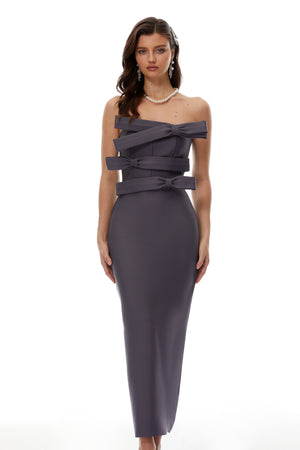 Aurohaya Quinnie Grey Bandage Bodycon Maxi Dress with Bow