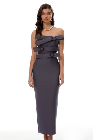 Aurohaya Quinnie Grey Bandage Bodycon Maxi Dress with Bow