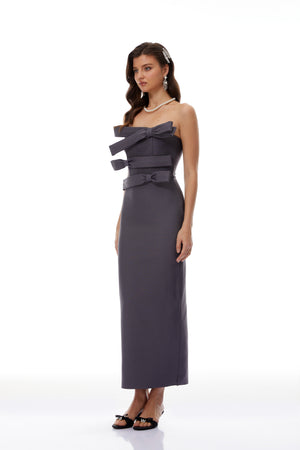 Aurohaya Quinnie Grey Bandage Bodycon Maxi Dress with Bow