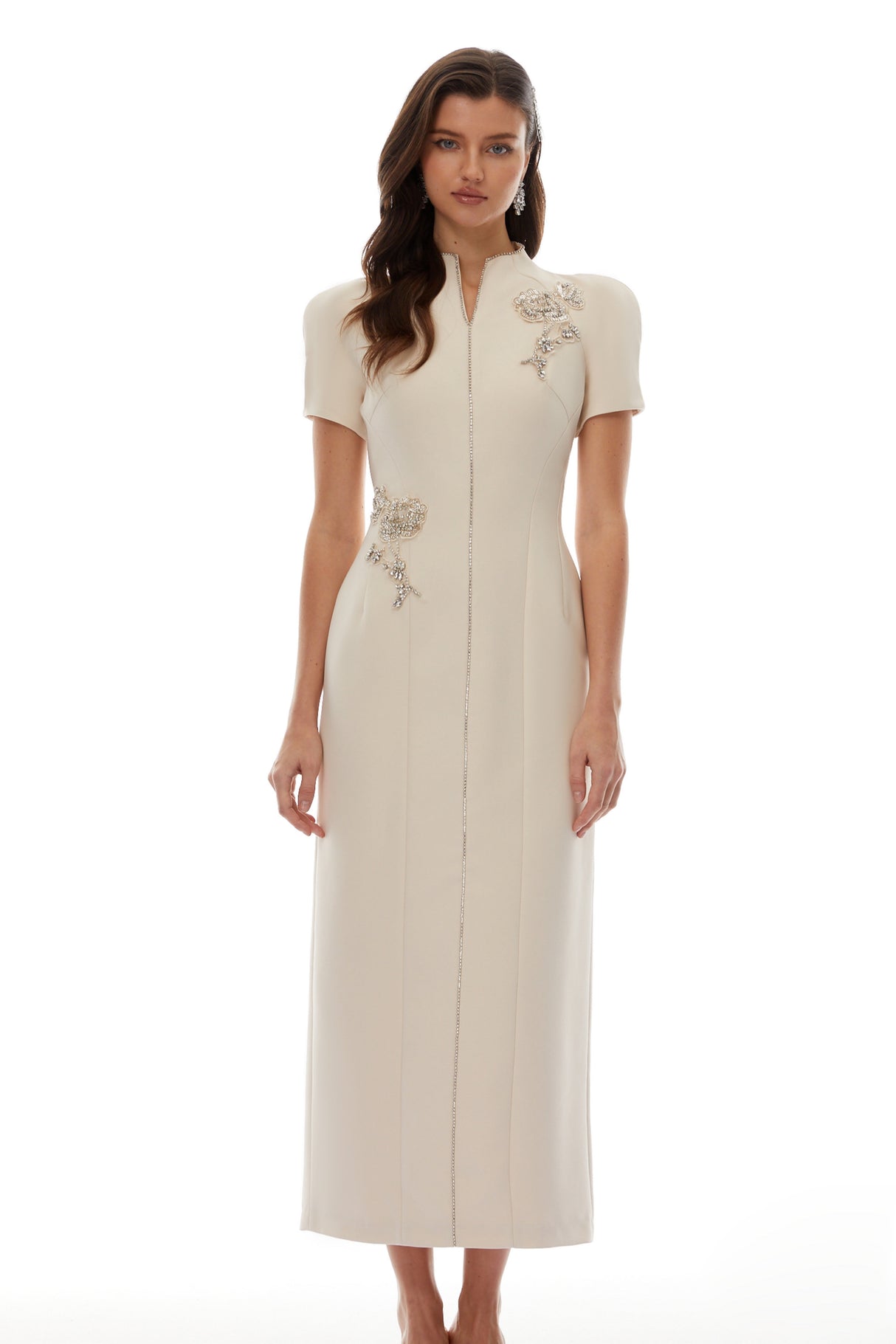 Aurohaya Quintella Neutral Floral Crystal Midi Dress