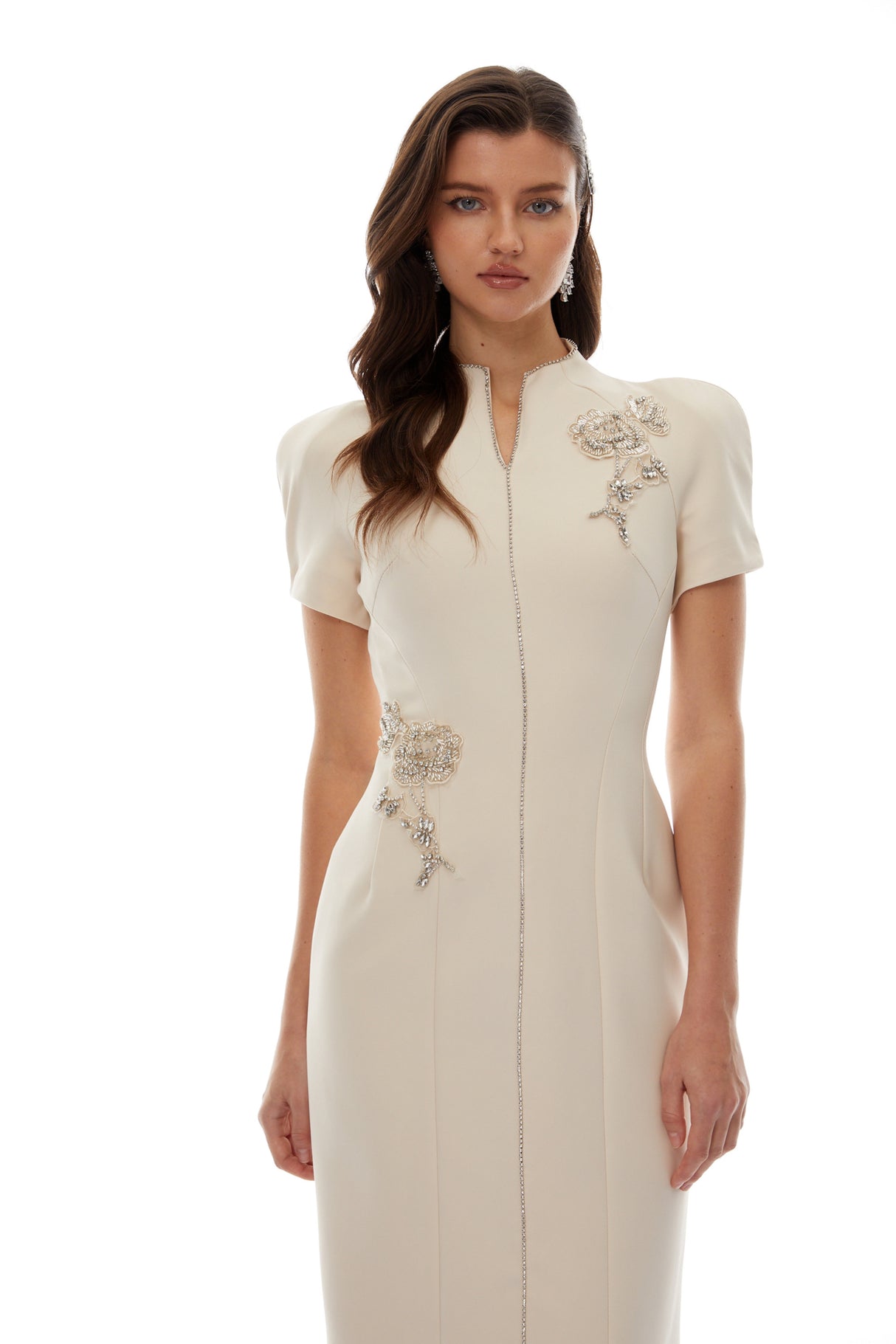 Aurohaya Quintella Neutral Floral Crystal Midi Dress