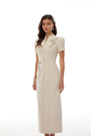 Aurohaya Quintella Neutral Floral Crystal Midi Dress