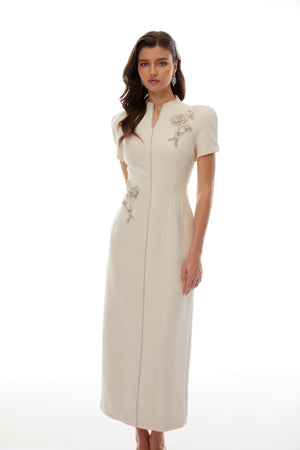 Aurohaya Quintella Neutral Floral Crystal Midi Dress