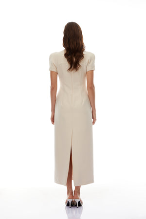 Aurohaya Quintella Neutral Floral Crystal Midi Dress