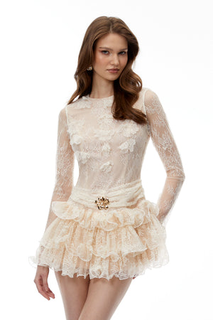Aurohaya Quintina White Ruffled Lace Mini Dress with 3D Florals