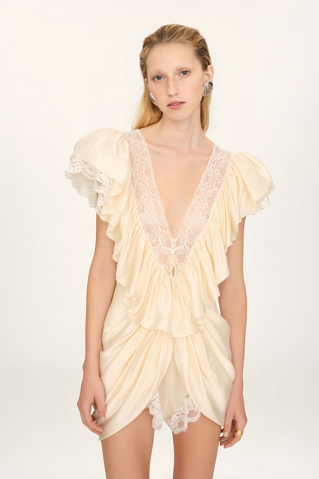 Aurohaya Nani Cream Plunge Neck Satin Jumpsuit with Lace Panels