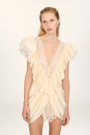 Aurohaya Nani Cream Plunge Neck Satin Jumpsuit with Lace Panels