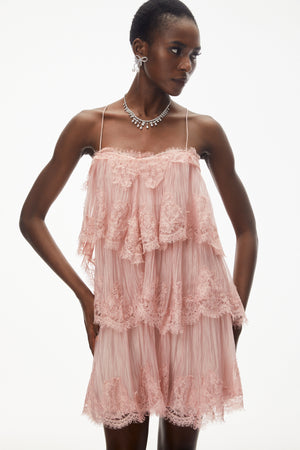 Aurohaya Rachel Pink Tiered Mini Dress with Lace Trim