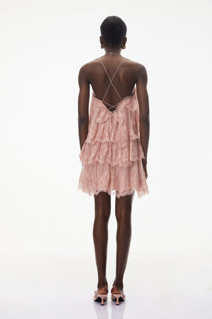 Aurohaya Rachel Pink Tiered Mini Dress with Lace Trim