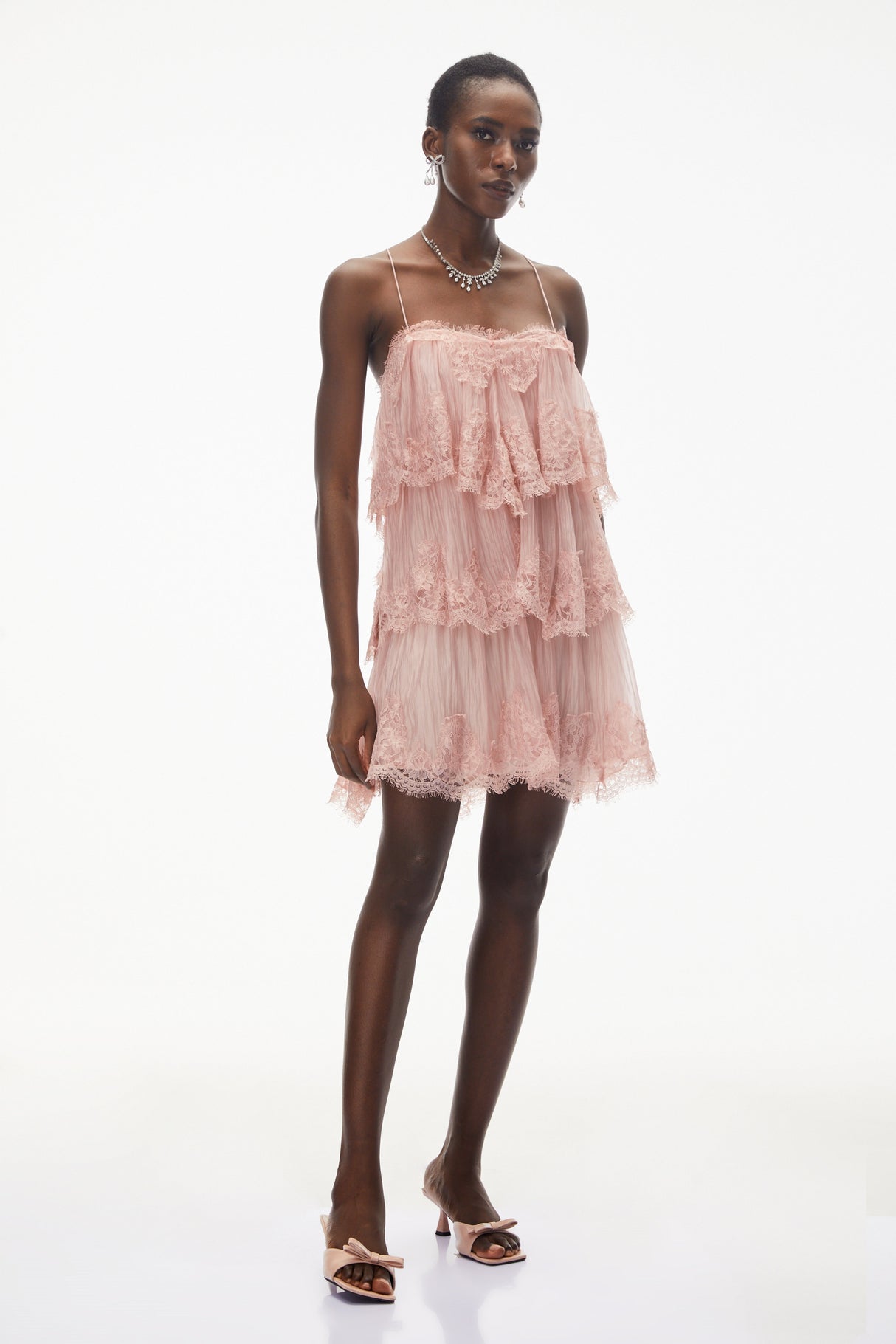 Aurohaya Rachel Pink Tiered Mini Dress with Lace Trim