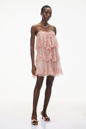 Aurohaya Rachel Pink Tiered Mini Dress with Lace Trim