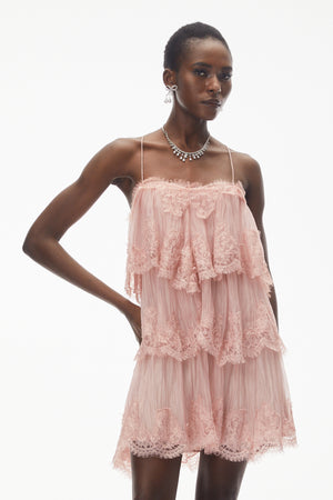 Aurohaya Rachel Pink Tiered Mini Dress with Lace Trim