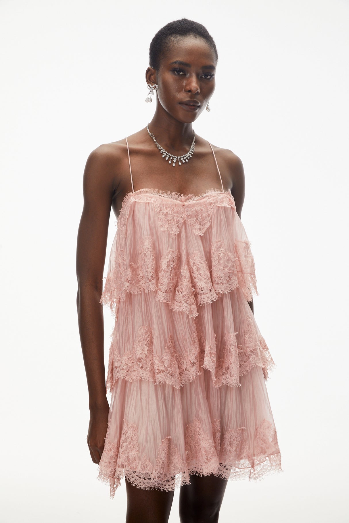 Aurohaya Rachel Pink Tiered Mini Dress with Lace Trim