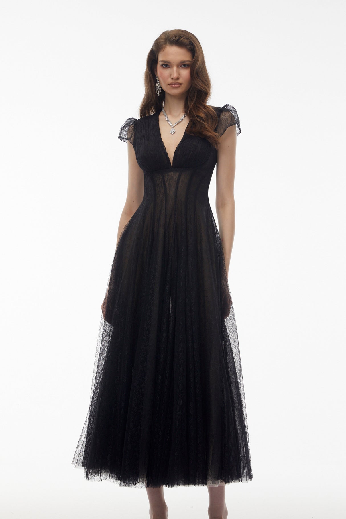 Aurohaya Radiya Black Floral Lace Pleated Maxi Dress