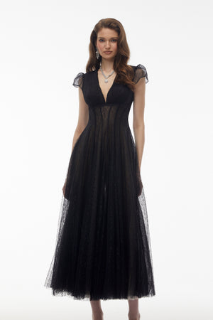 Aurohaya Radiya Black Floral Lace Pleated Maxi Dress