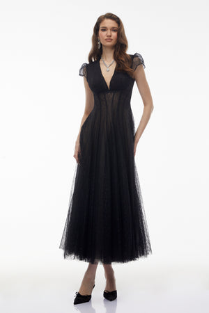 Aurohaya Radiya Black Floral Lace Pleated Maxi Dress
