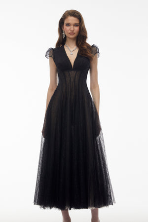 Aurohaya Radiya Black Floral Lace Pleated Maxi Dress